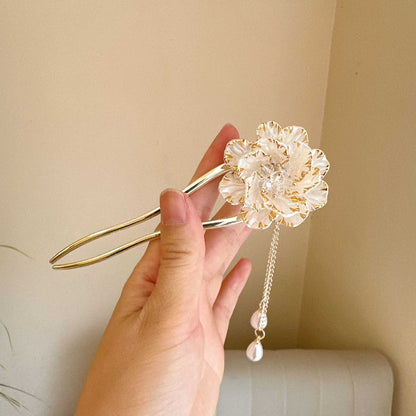 Female Retro Exquisite Peony Flower Tassel U-shaped Hairpin