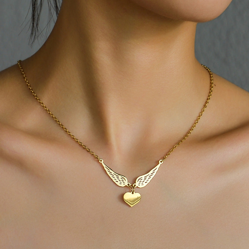Laser-engraved Hollowed-out Wing Heart Pendant Necklace