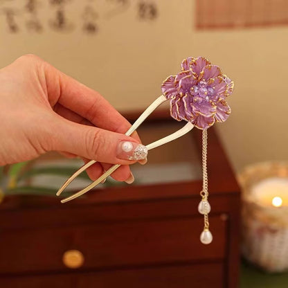 Female Retro Exquisite Peony Flower Tassel U-shaped Hairpin