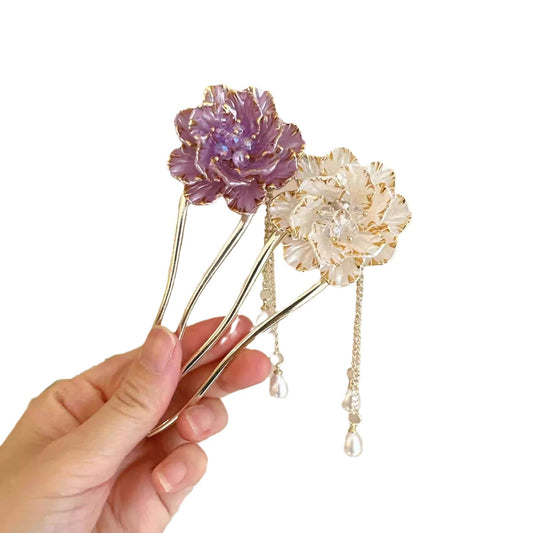 Female Retro Exquisite Peony Flower Tassel U-shaped Hairpin