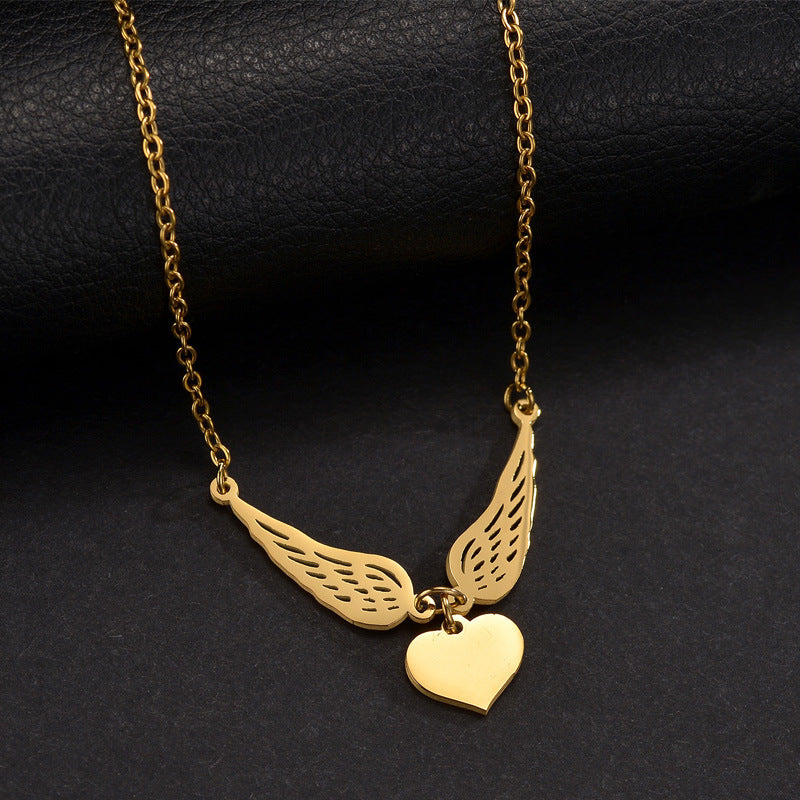 Laser-engraved Hollowed-out Wing Heart Pendant Necklace