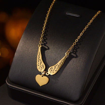 Laser-engraved Hollowed-out Wing Heart Pendant Necklace